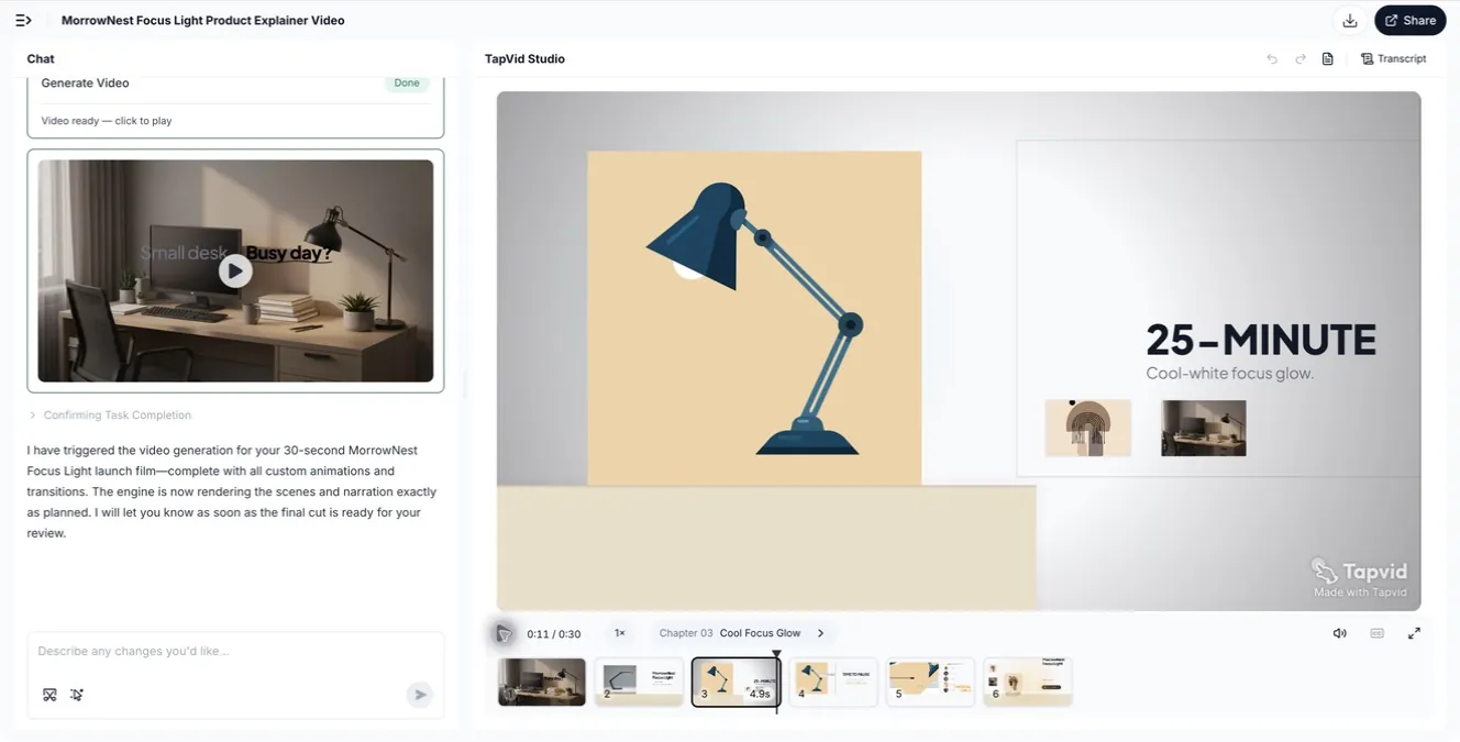 Hands-on test: completed TapVid Studio scene showing the MorrowNest lamp and 25-minute cool-white focus cue
