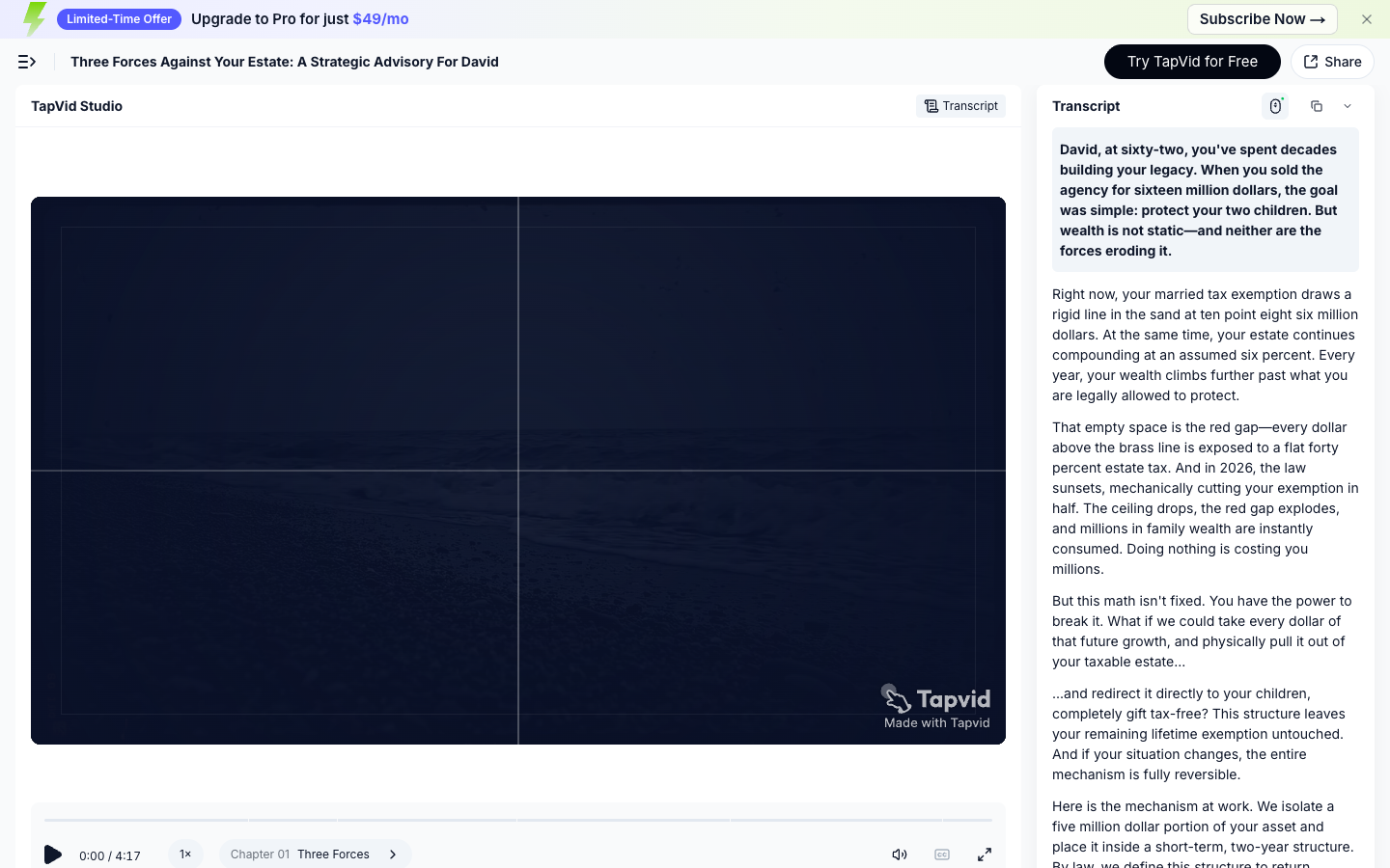 TapVid Good Case share page showing the named estate-advisory video, player, and transcript
