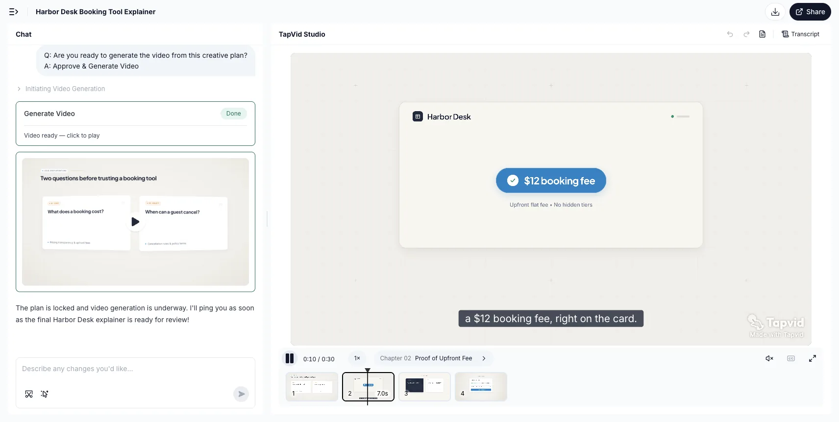 Hands-on test: TapVid Studio after chapter 02, with $12 booking fee on the card