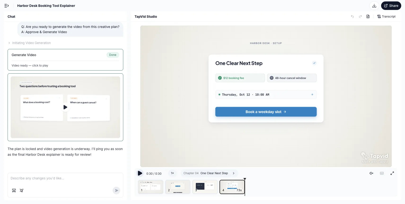 Hands-on test: TapVid Studio after chapter 04, with the fee, 48-hour cancel window, and Book a weekday slot CTA together