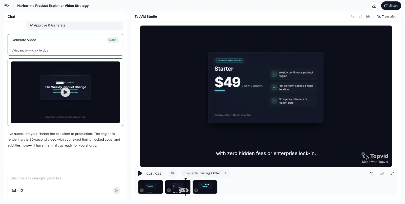 TapVid Studio RESULT of a Harborline explainer: Chat shows Generate Video Done, and the player is paused on Chapter 02 with Starter at $49 per seat