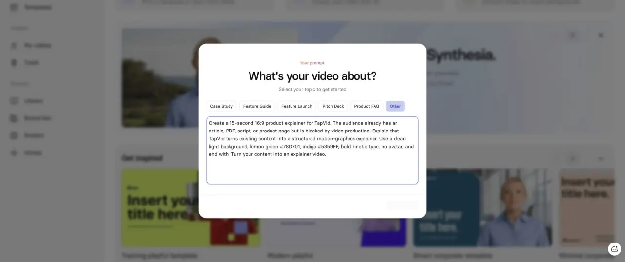 Full no-avatar test brief entered into Synthesia AI Video Assistant