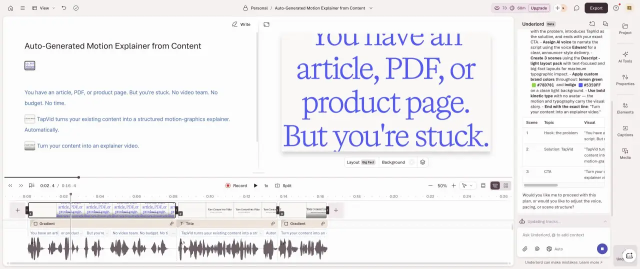 Descript generated editor with a 16.4-second timeline