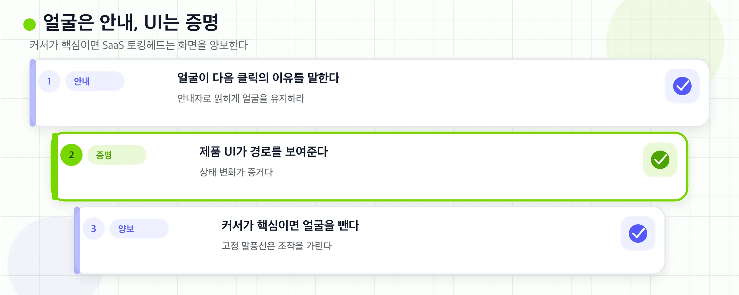얼굴은 가이드 레이어로 남는다. 제품 UI는 증거 레이어로 남는다. 커서가 요점이면 얼굴이 양보한다.