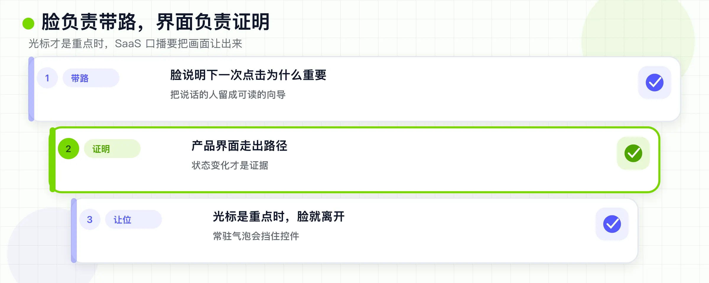 人脸仍是向导层。产品 UI 仍是证据层。光标才是重点时,人脸让出画面。