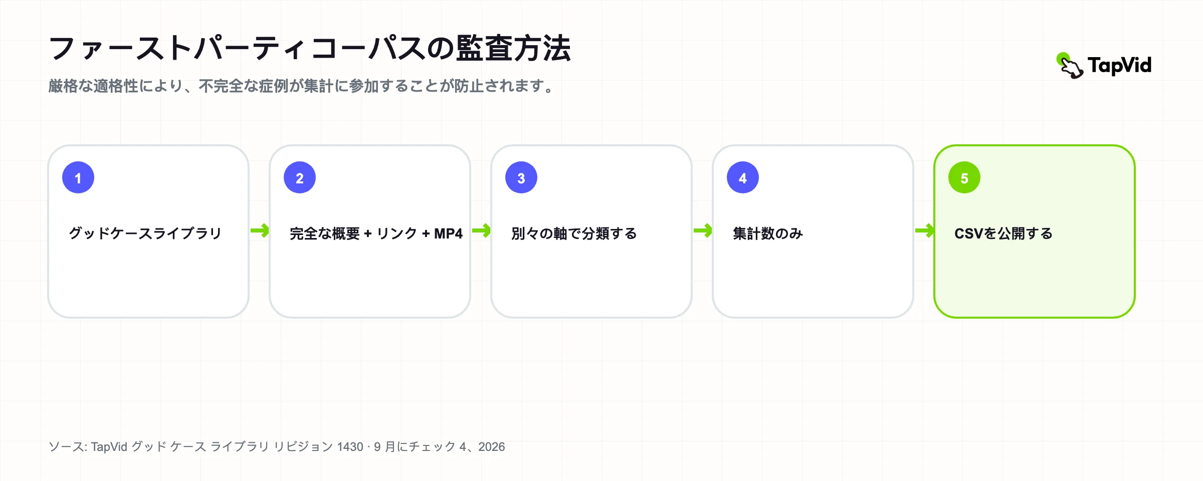 64 の短い自社ビデオ コンテンツ コーパスに対する 5 段階の監査方法
