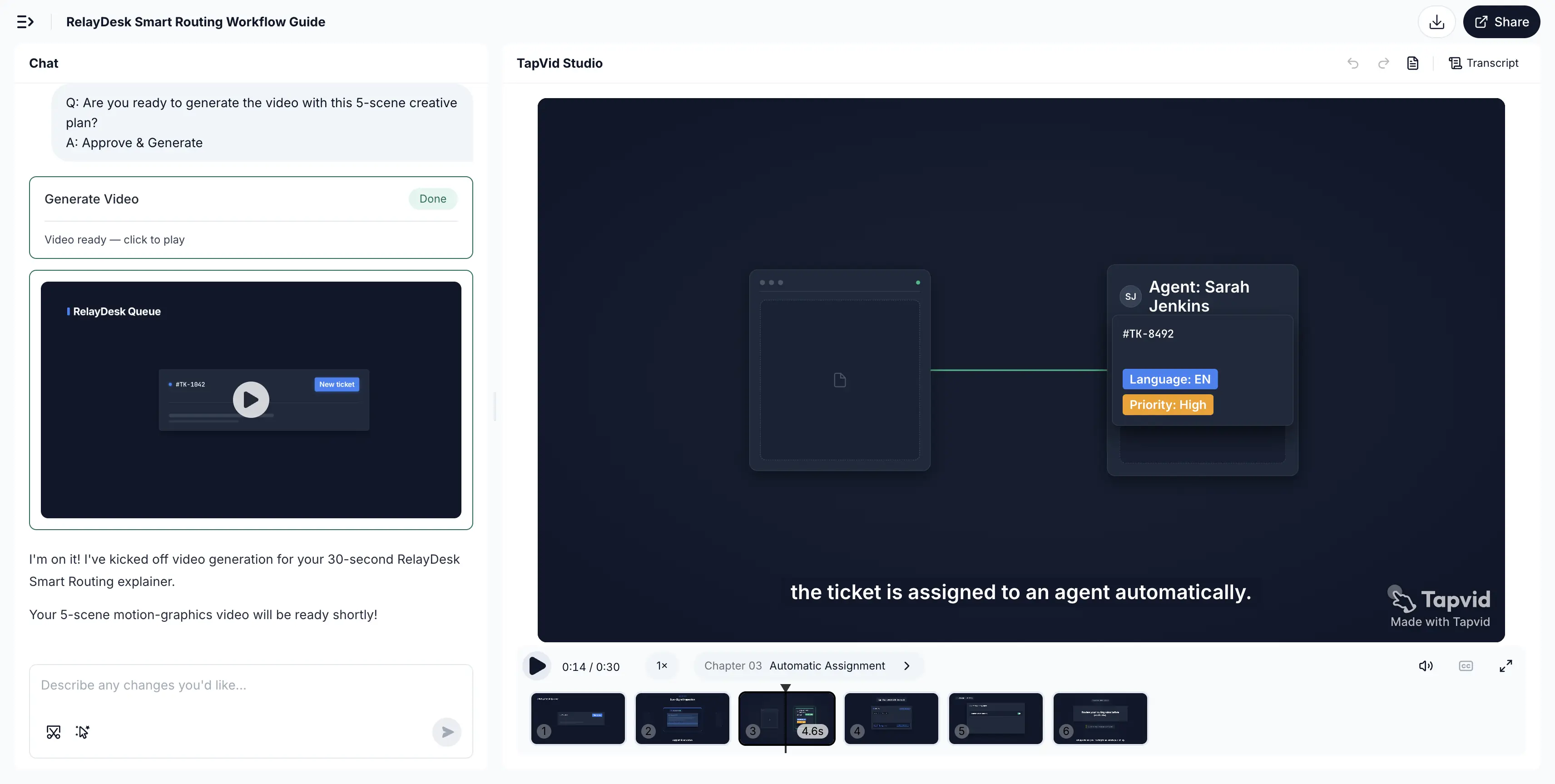 TapVid Studio mostrando una escena generada de asignación automática de tickets con señales de idioma y prioridad