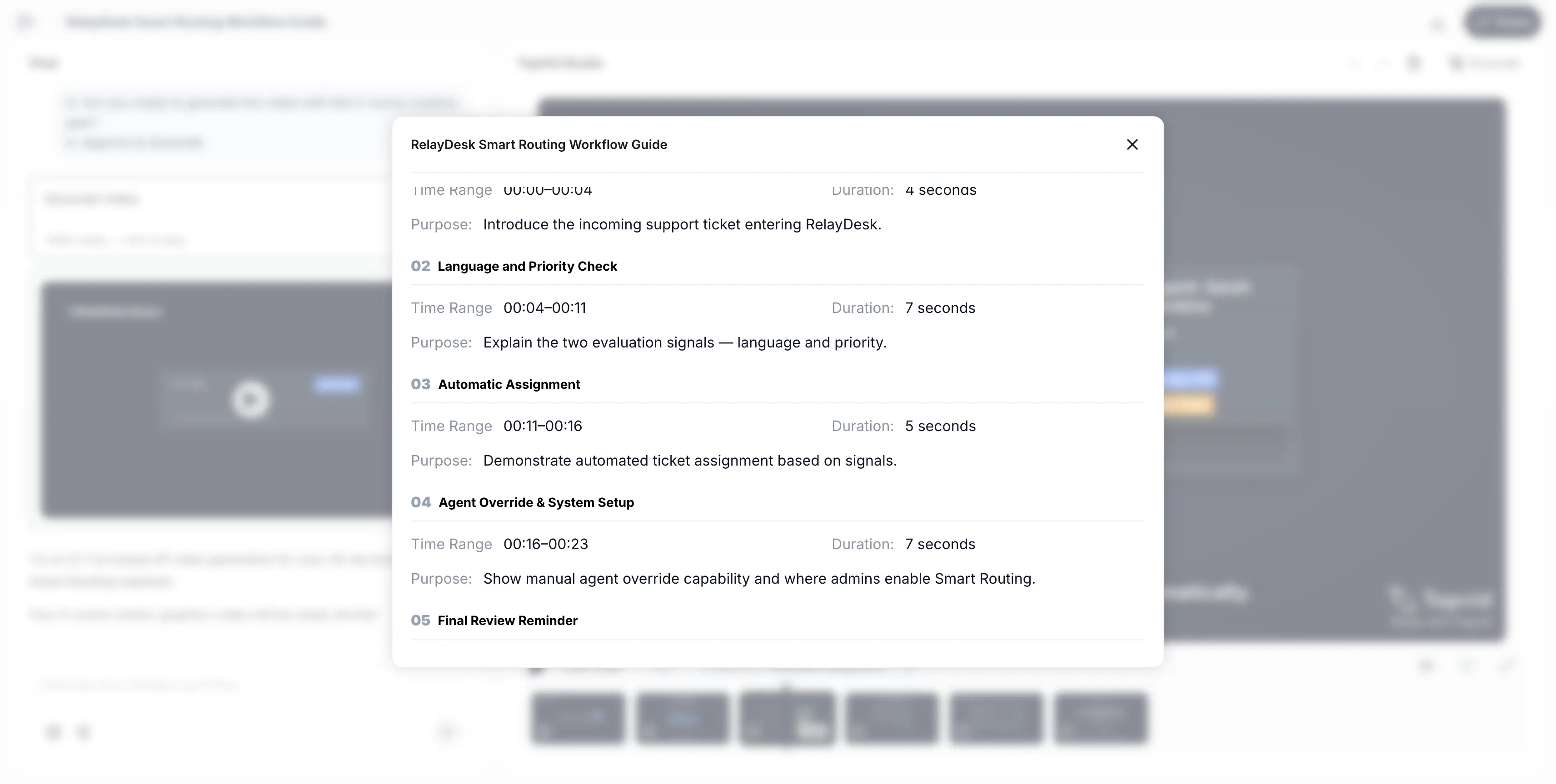 Revisión del guion de TapVid con escenas temporizadas para comprobar señales, asignación automática, intervención del agente y revisión final