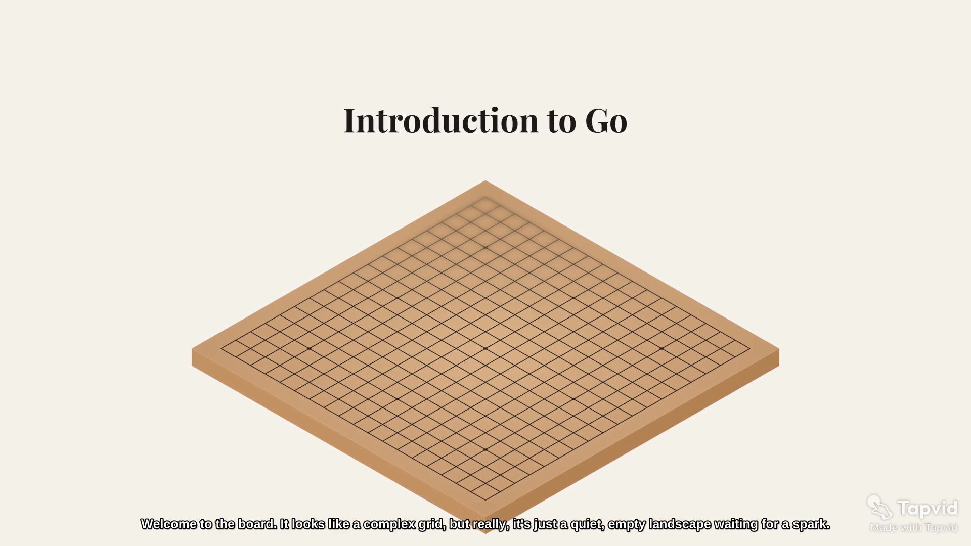 Evidence: How to Play Go introduces the board while the narration names the same subject