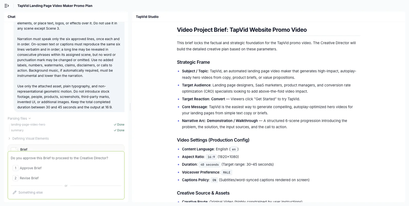 TapVid project brief 在生成前显示源素材限制与制作设置