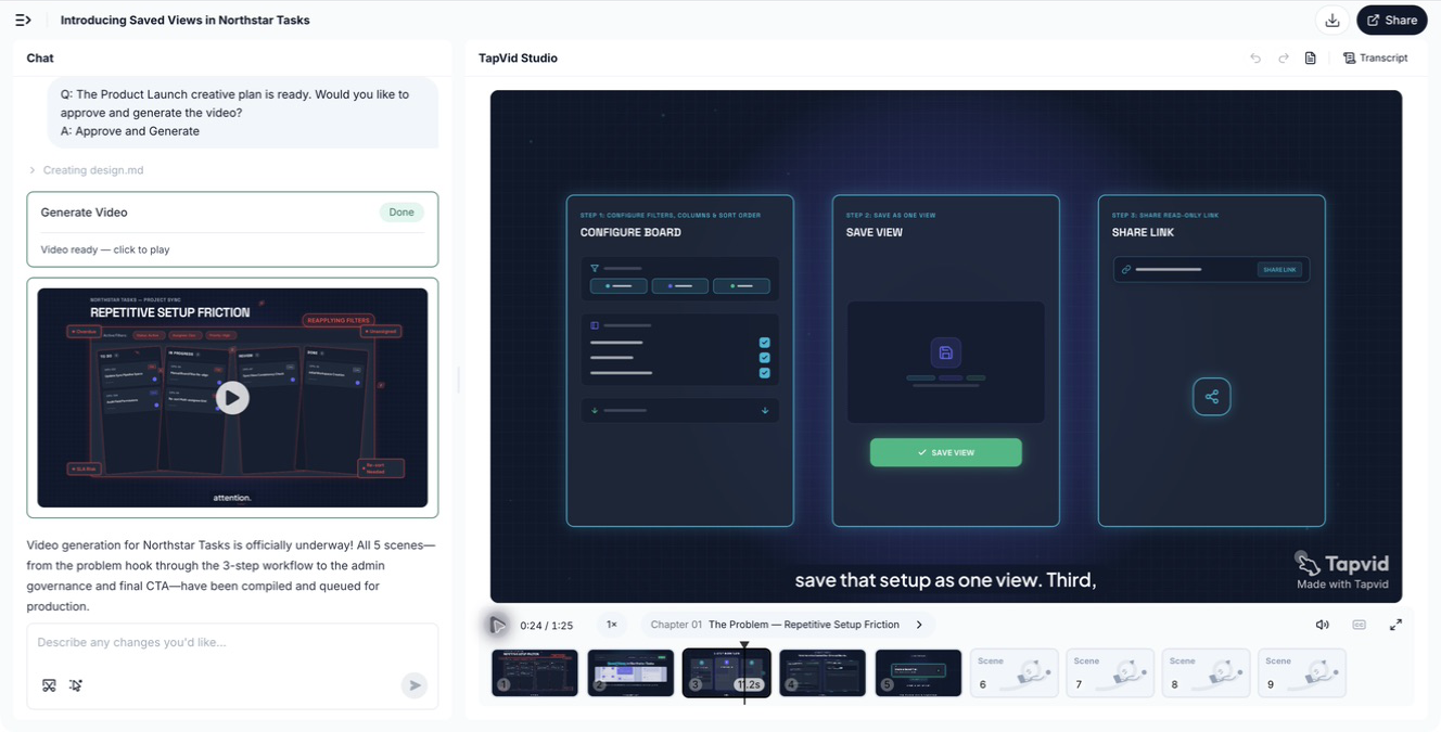 TapVid Agent 對話與生成影片及 Studio 時間線並排顯示
