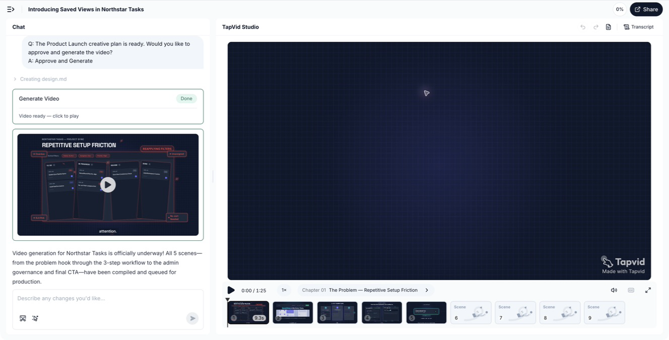 TapVid workspace 顯示 Agent 上下文和已完成的 Studio 項目