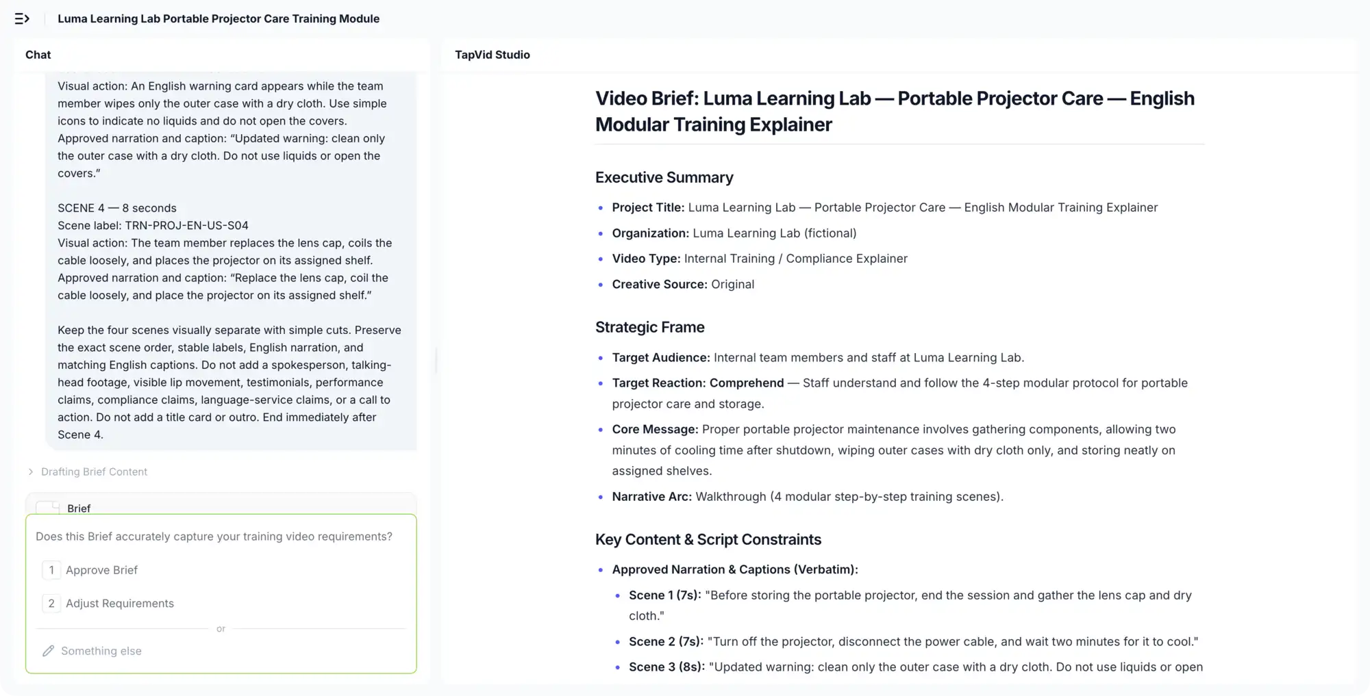 Hands-on TapVid draft showing an English source brief, stable segment labels, and an approval checkpoint before rendering.