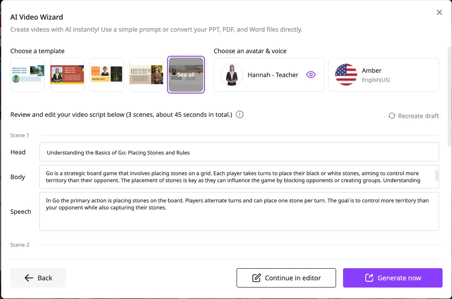 El AI Video Wizard de Vidnoz forzando el tutorial de Go a una plantilla de avatar con un guion genérico