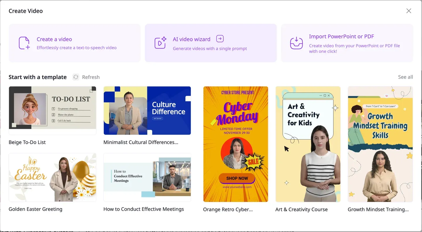 영상 만들기, AI video wizard, PowerPoint 또는 PDF 가져오기 세 가지 입구가 있는 Vidnoz의 Create Video 모달
