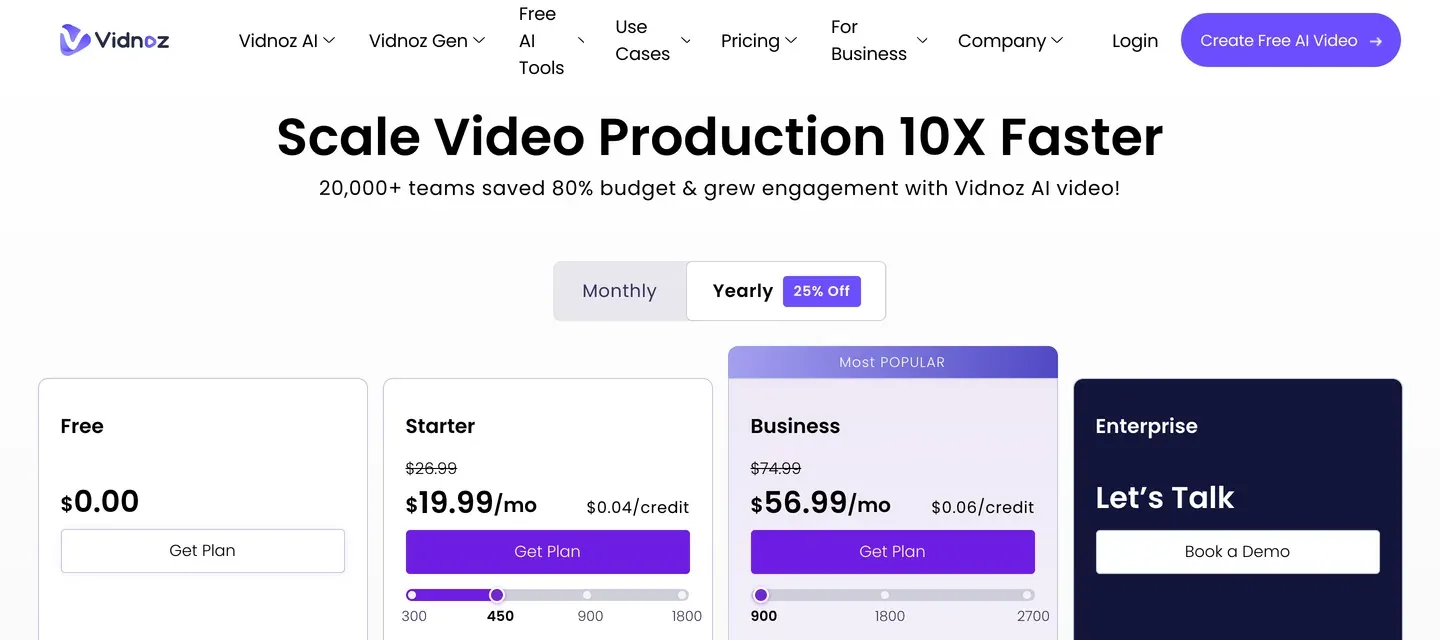 Planes de precios de Vidnoz AI 2026: niveles Free, Starter, Business y Enterprise