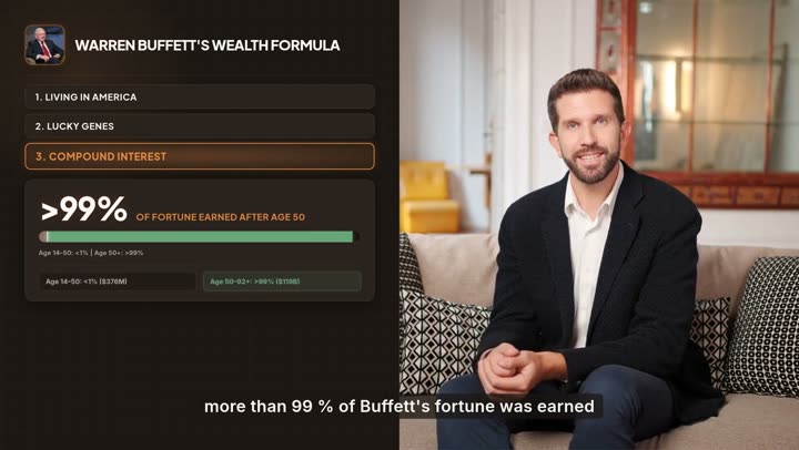 Talking-head video visualizing Warren Buffett’s wealth formula